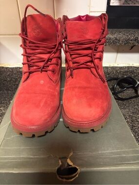 Timberland Kids Red Lace-Up Nubuck Boots